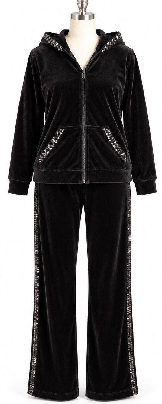 Quacker Factory Velour Tracksuit L Black Sequin Zip Hoodie Pants 2 Piece Set